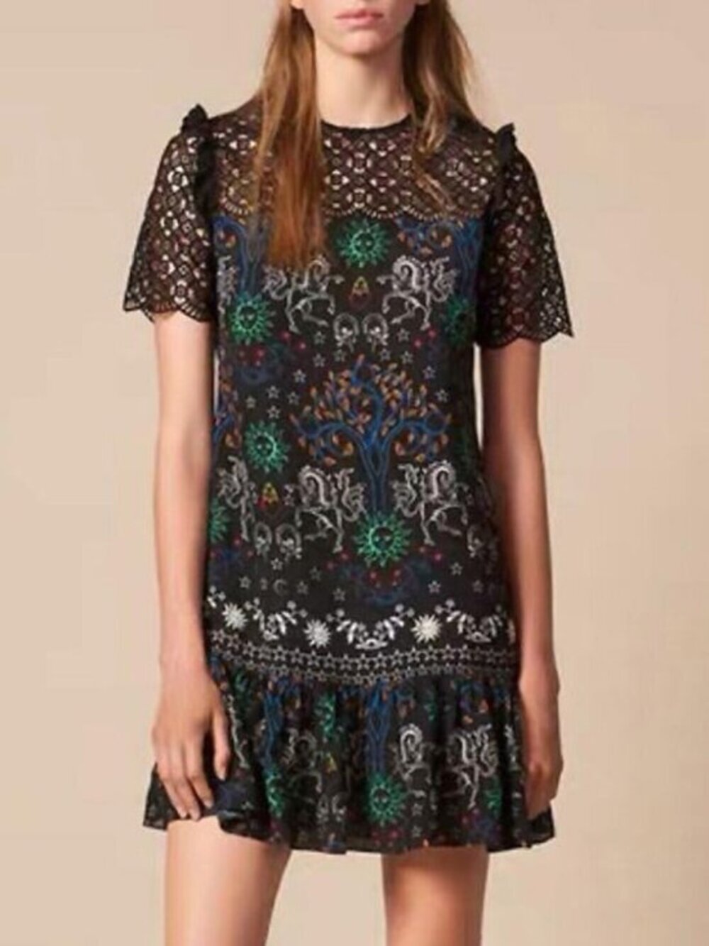 EUC Sandro Zodiac Celestial Lace Trim Mini Dress Black 36, 4, S